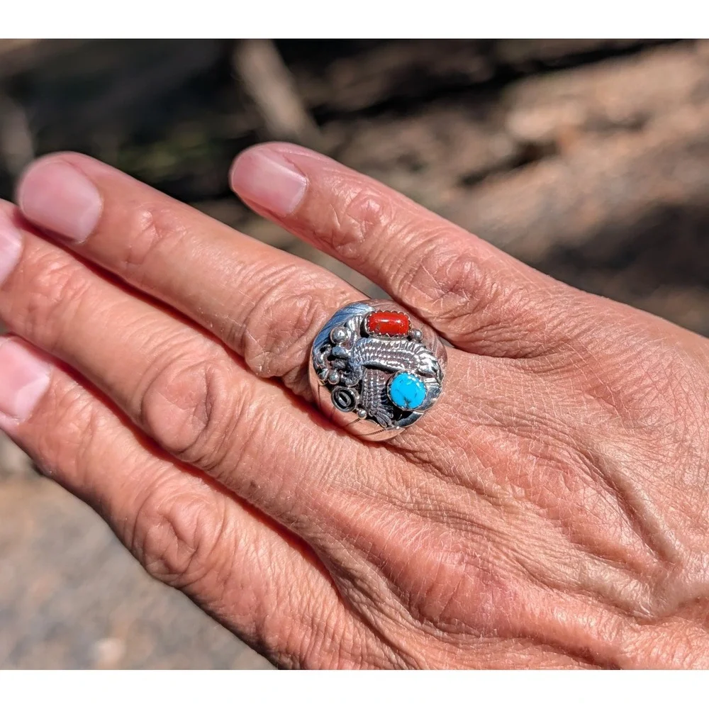 Navajo Men's Eagle Ring Sterling Silver Turquoise Signed Grace Smith Sz 11.5 ***